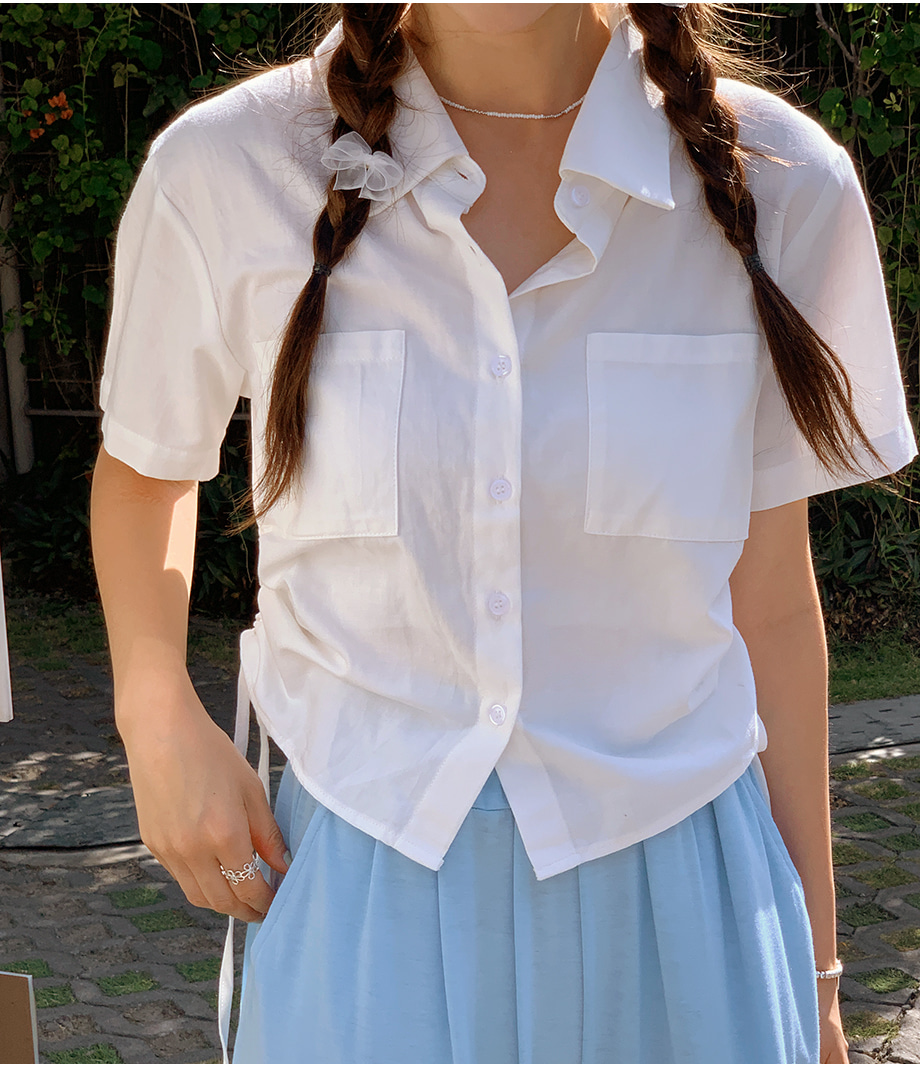 リリエンコ コットンポケットシャーリング半袖クロップドシャツ
