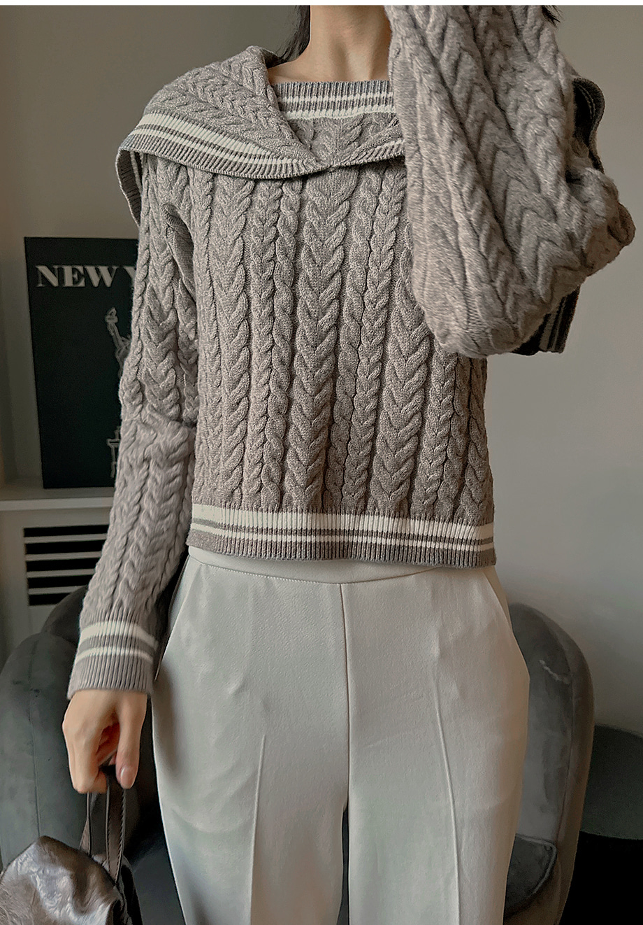 ウール配色ケーブル編みセーラーカラーニット|ファッション通販サイトNUGU