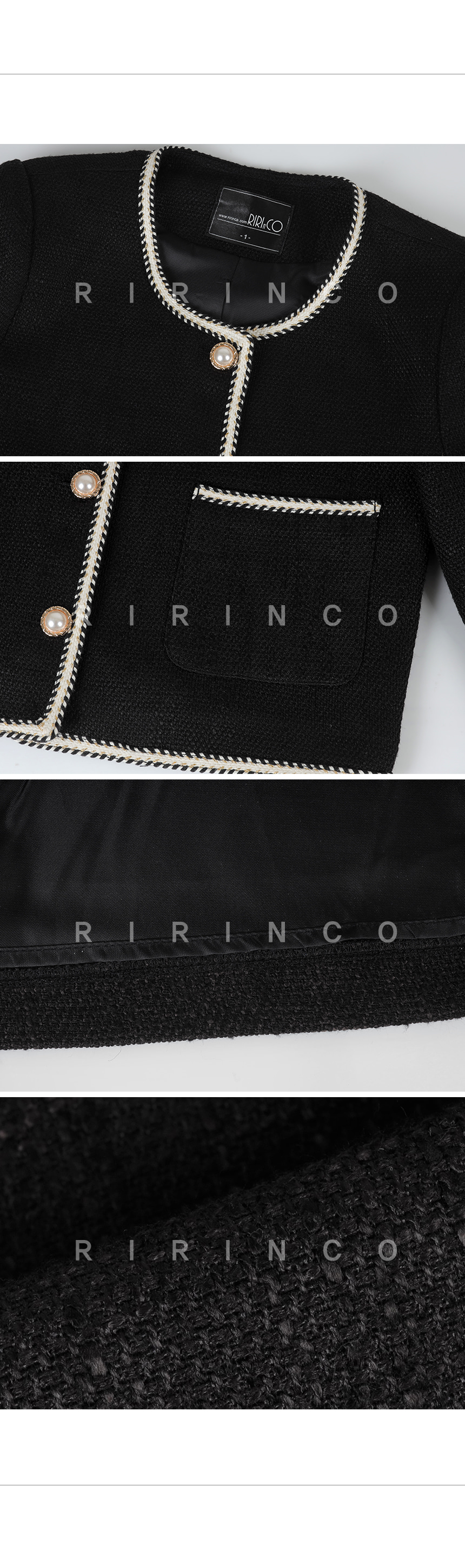 RIRINCO [ジャスト丈/クロップド丈] ツーピースツイードノーカラージャケット