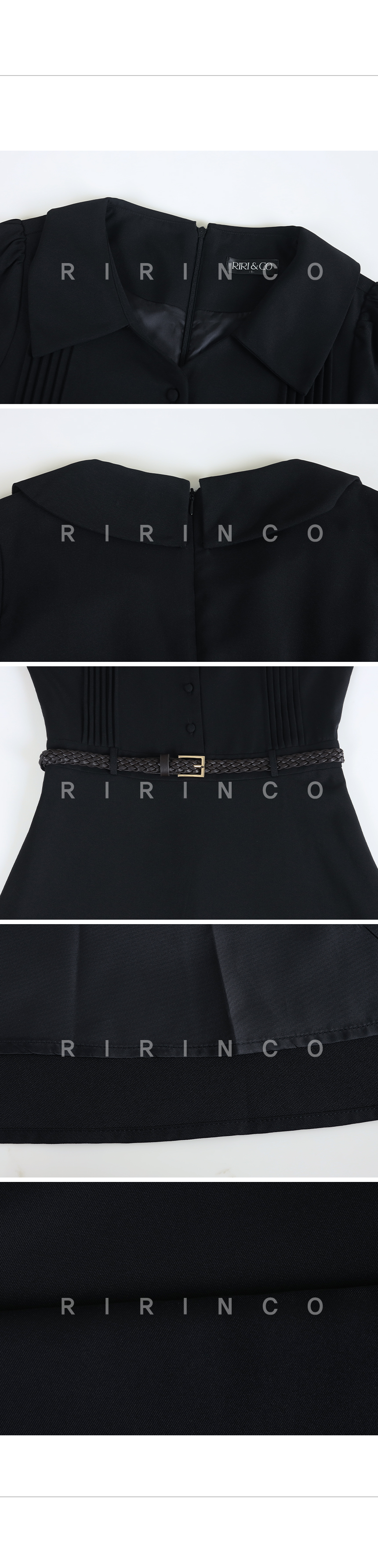RIRINCO オープンカラーパフ袖ベルト付きワンピース