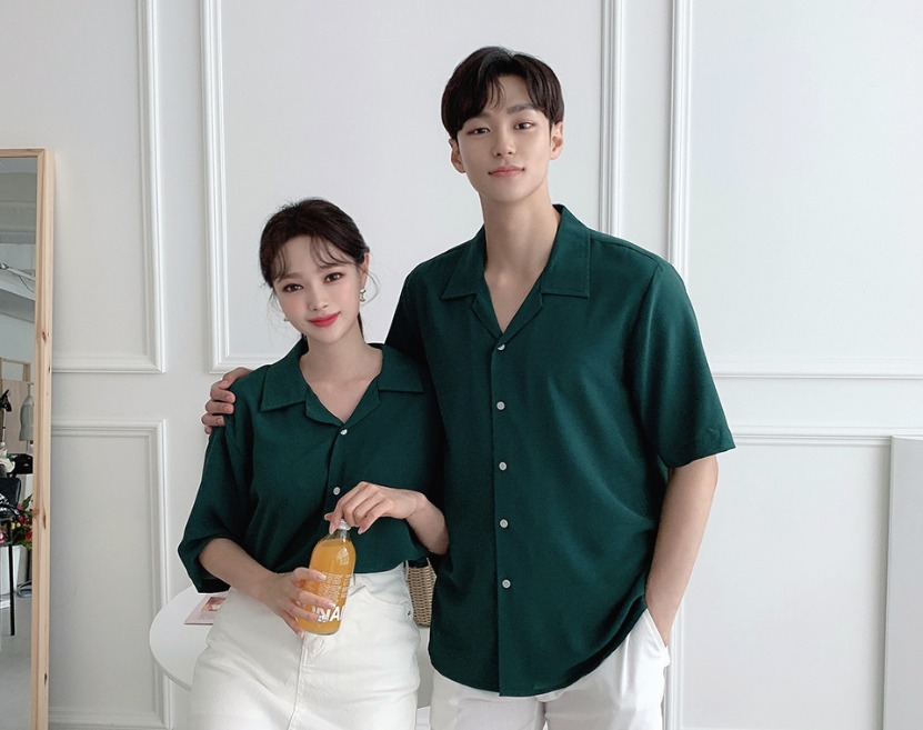 韓国 [カップル/ペアルック] ホワイトボタン オーバーサイズ開襟シャツ