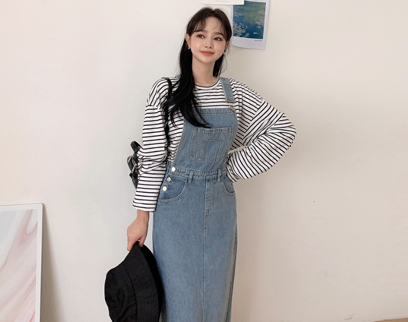 韓国 フロントポケットサロペットデニムスカート