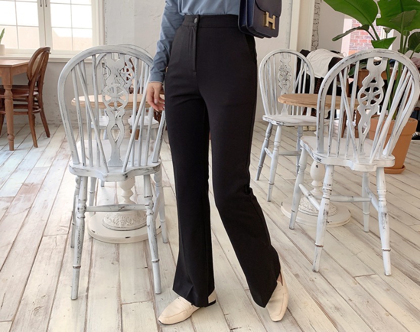 韓国 シークレットゴム 裾スリットスラックスパンツ