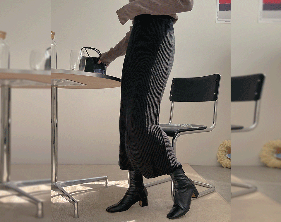 韓国 バックスリットリブ編みニットロングスカート