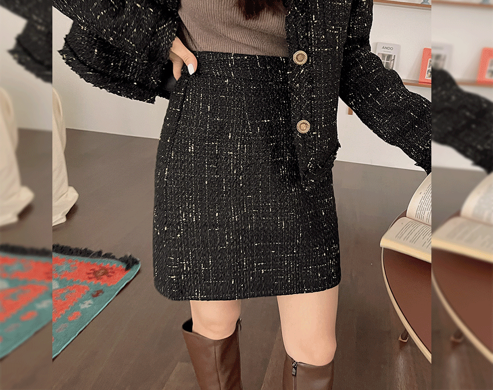 韓国 ツイード織バックウエストゴムミニ丈スカート