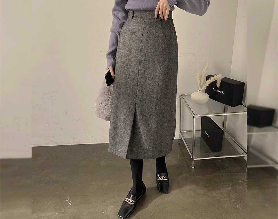 韓国 ヘリンボーンフロントスリットロングスカート