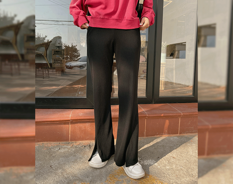 韓国 裾スリットブーツカットリブパンツ