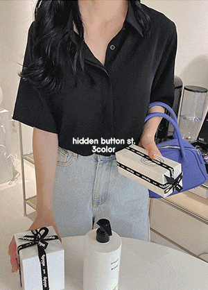 韓国 ルーズフィット隠しボタン半袖シャツ