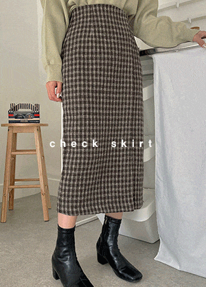 韓国 チェック柄ラップ風ウールロングスカート