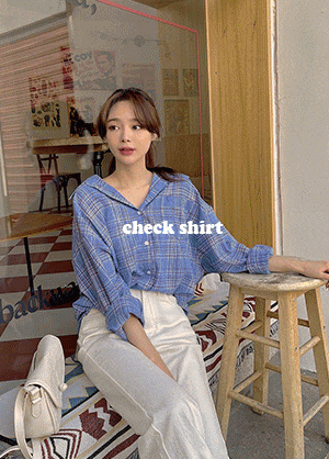 韓国 チェック柄ルーズフィットコットンシャツ