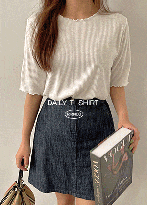 韓国 リブ編みラウンドネックTシャツ