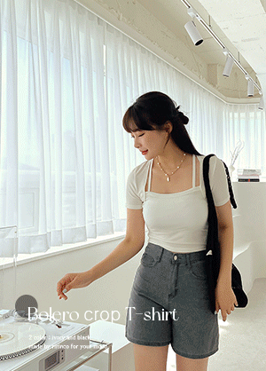 韓国 ボレロスクエアネッククロップドTシャツ