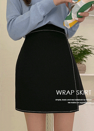 韓国 ステッチバックゴムラップ風ミニスカート