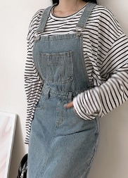 韓国 フロントポケットサロペットデニムスカート
