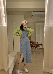 韓国 サイドスリットデニムジャンパースカート
